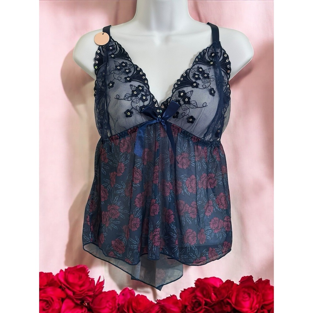 NWT Spree Intimates Size 1X 2 Piece Set Sheer Chemise Panty Blue Rose Babydoll